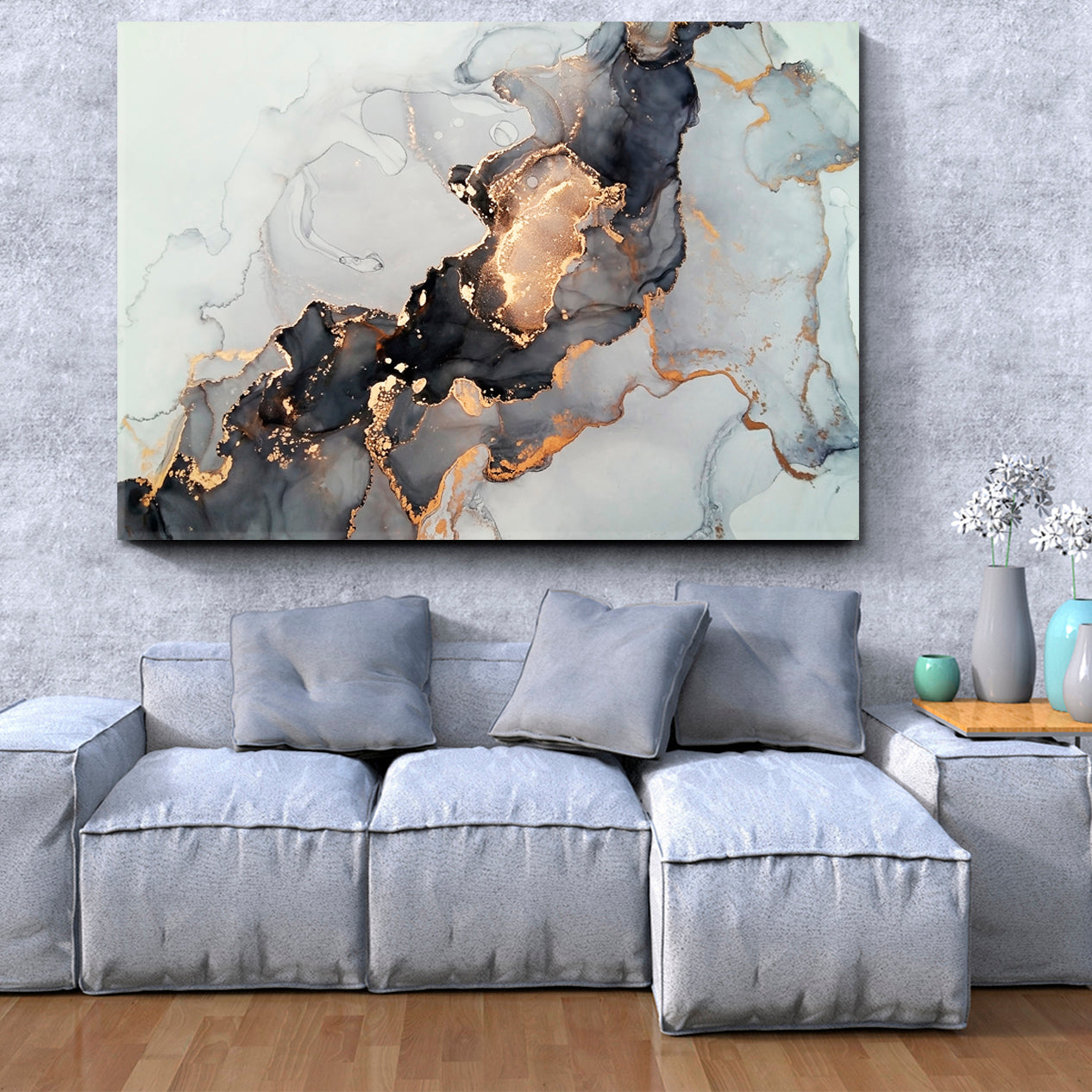 Luxury Abstract Fluid Art Alcohol Ink Technique Black Gold Effect Canvas Print Fluid Art, Oriental Marbling Canvas Print Artesty   