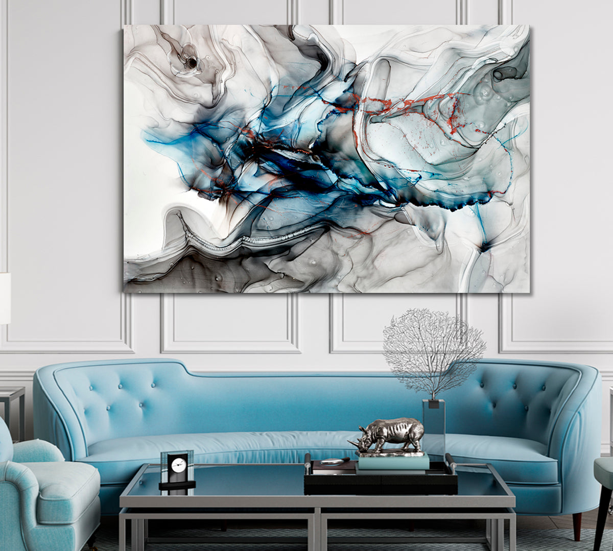 Gray Blue Marble Translucent Waves Free-flowing Smok Fluid Art, Oriental Marbling Canvas Print Artesty 1 panel 24" x 16" 