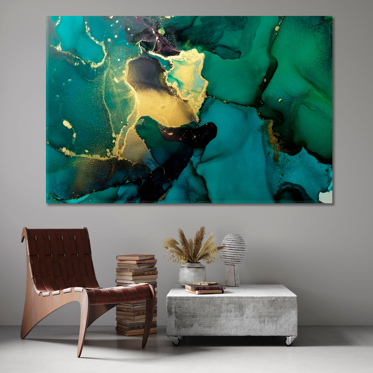 Luxury Abstract Fluid Art Painting Alcohol Ink Green and Gold Fluid Art, Oriental Marbling Canvas Print Artesty   