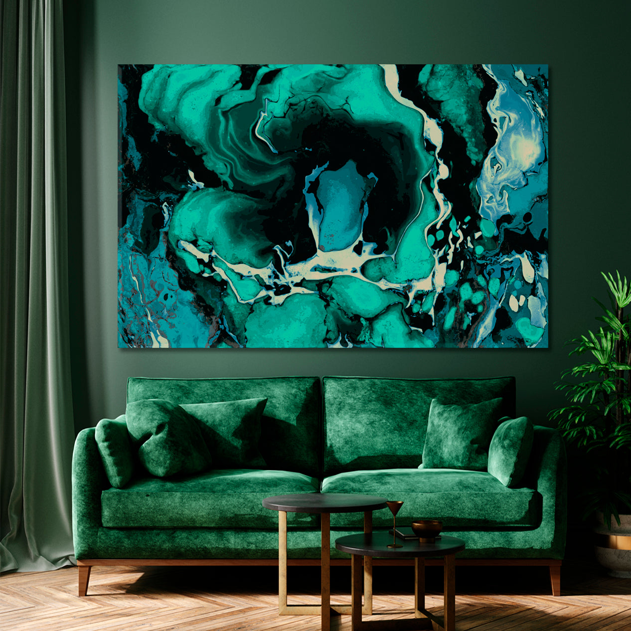 TEAL BLUE GREEN MIX Abstract Wavy Forms Fractal Futuristic Pattern Fluid Art, Oriental Marbling Canvas Print Artesty   