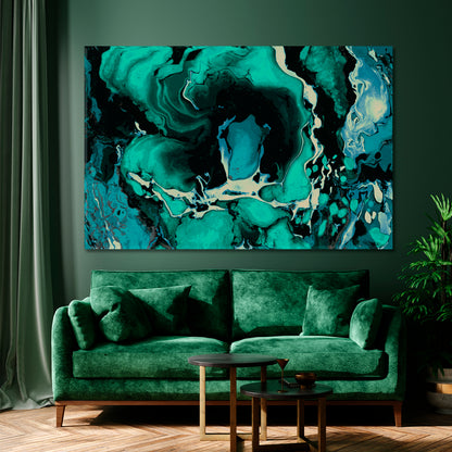 TEAL BLUE GREEN MIX Abstract Wavy Forms Fractal Futuristic Pattern Fluid Art, Oriental Marbling Canvas Print Artesty   