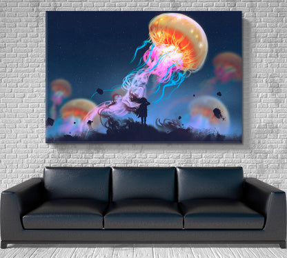 Giant Jellyfish Floating in Sky And Girl Surreal Painting Surreal Fantasy Large Art Print Décor Artesty   