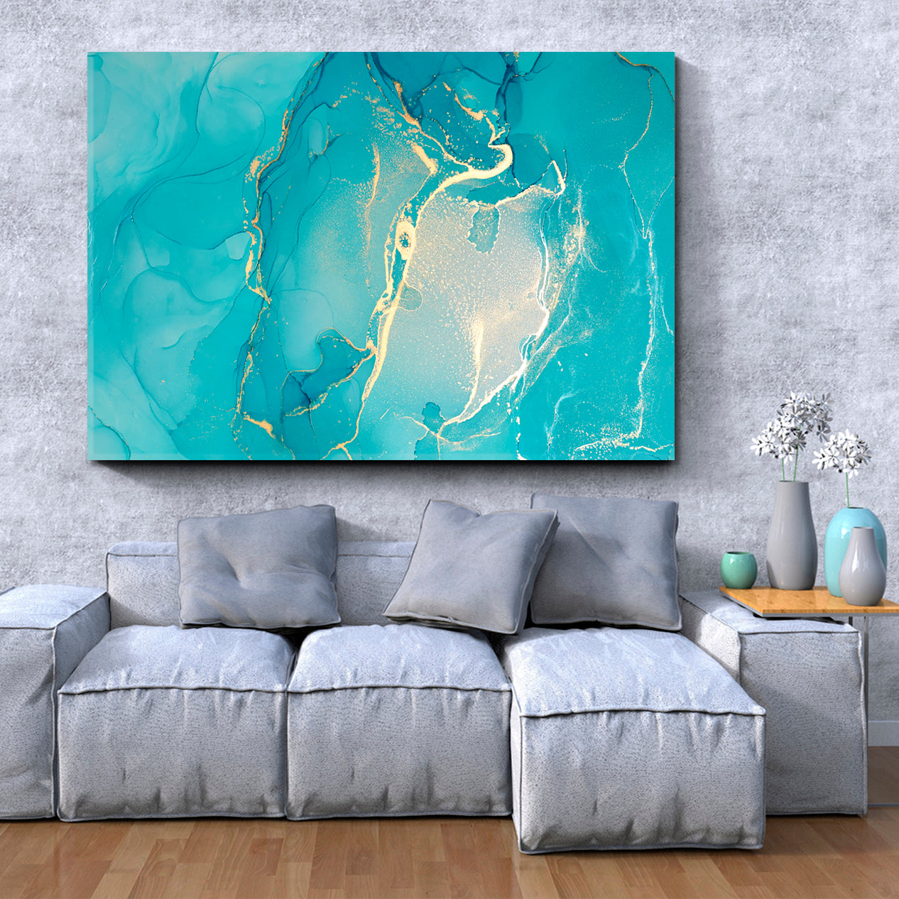 Bright Sky Blue Abstract Marble Veines Fluid Art, Oriental Marbling Canvas Print Artesty   