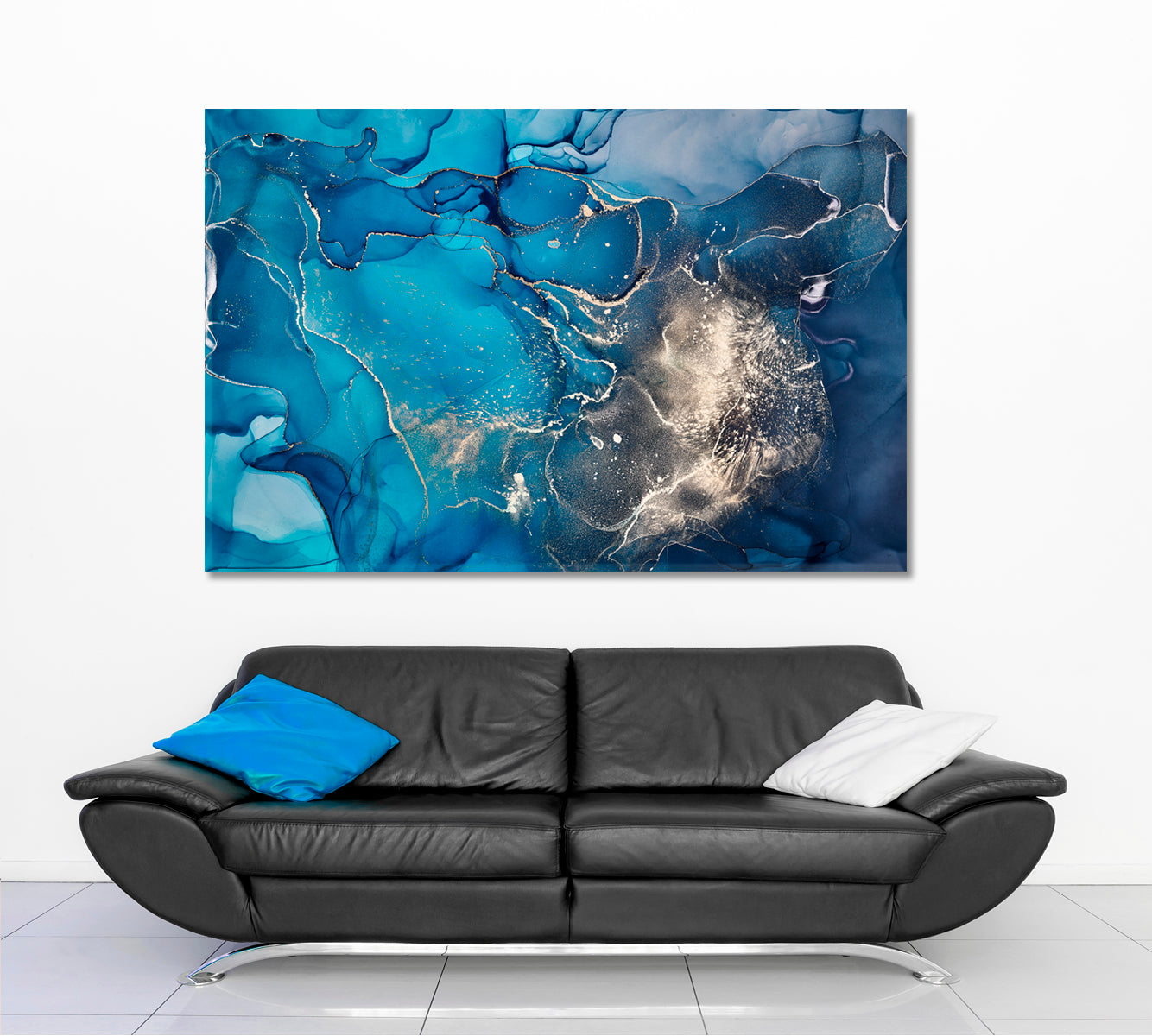 BLUE SKY Abstract Design Ink Colors Translucent Marble Fluid Art, Oriental Marbling Canvas Print Artesty 1 panel 24" x 16" 