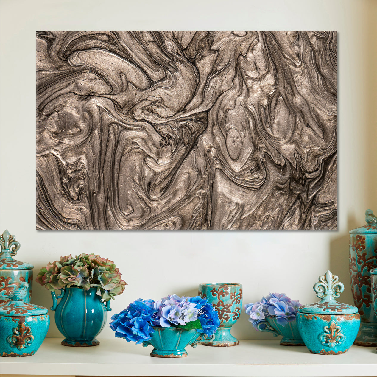 GREY BROWN WAVES | Abstract Swirls Trendy Style Canvas Print Fluid Art, Oriental Marbling Canvas Print Artesty   