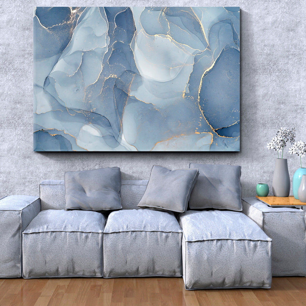 ABSTRACT SKYSCAPE Tender Soft Blue Modern Marble Pattern Fluid Art, Oriental Marbling Canvas Print Artesty   