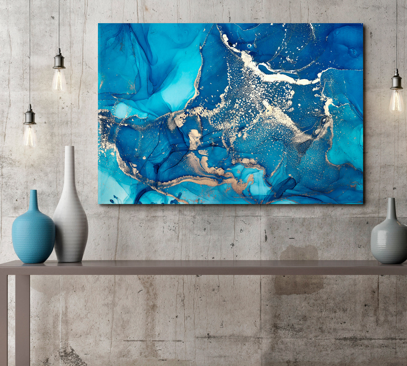 Modern Fluid Art Marble Alcohol Ink Sky Blue Art Design Fluid Art, Oriental Marbling Canvas Print Artesty   