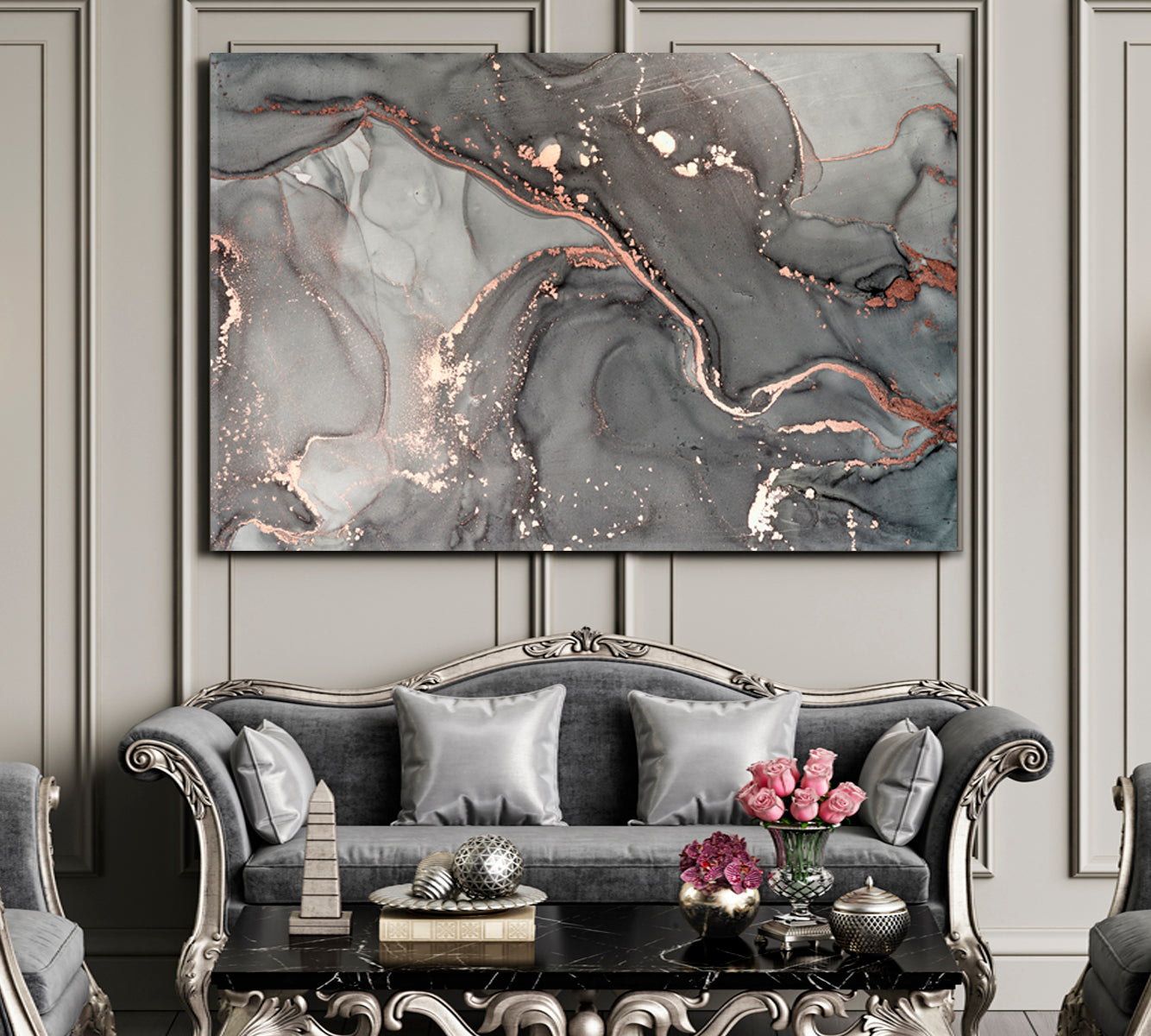 Gray Marble Alcohol Ink Pattern Translucent Waves Fluid Art, Oriental Marbling Canvas Print Artesty 1 panel 24" x 16" 