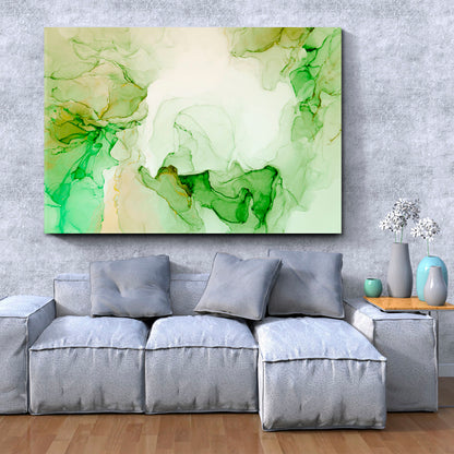 Ink Abstract Soft Green Color Bright Modern Contemporary Fluid Art, Oriental Marbling Canvas Print Artesty   