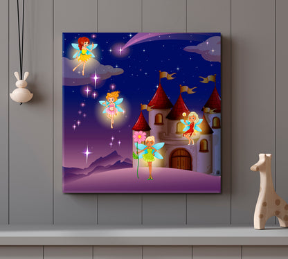 Castle Fairies Flying Sweet Kids Baby Nursery Wall Art Canvas Print | Square Panel Kids Room Canvas Art Print Artesty   