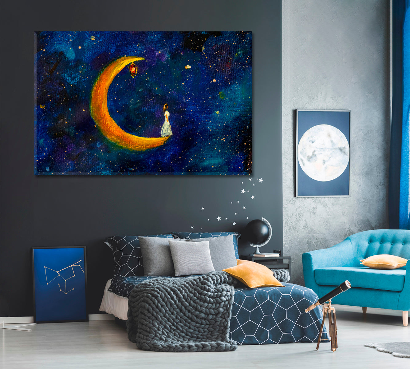 Girl on Big Moon Space Fabulous World Modern Art Impressionism Abstract Landscape Canvas Print Fine Art Artesty   