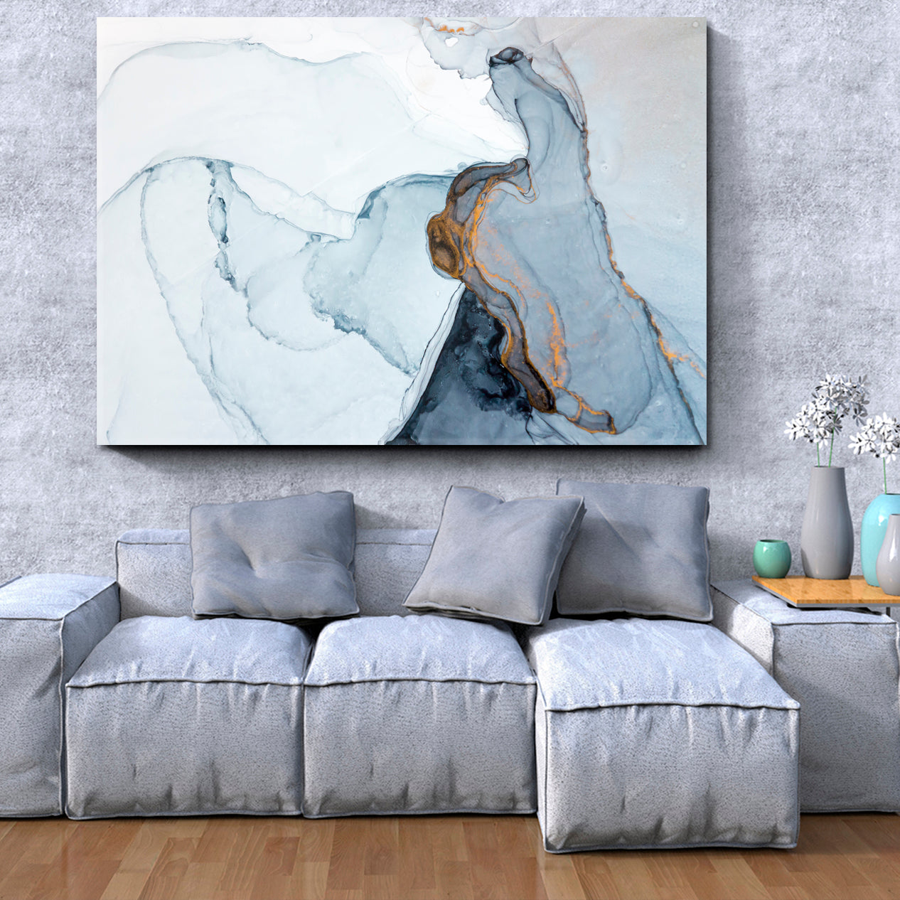 Ink Veins Pattern Abstract Design Soft Gray Blue Colors Fluid Art, Oriental Marbling Canvas Print Artesty   