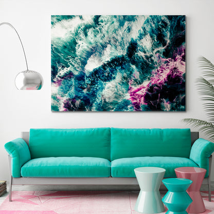 INK MIX Teal Blue Green White Purple Wave Splash Foam Effect Fluid Art, Oriental Marbling Canvas Print Artesty   