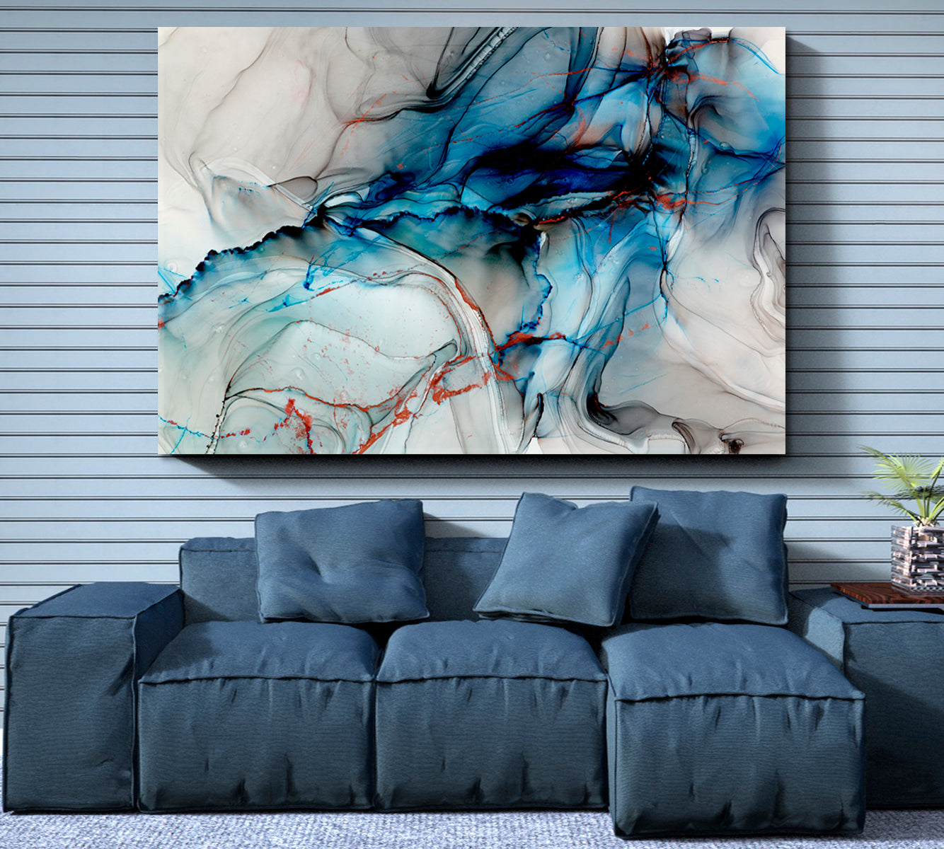 Smoky Alcohol Ink Art Modern Abstract Transparent Gray Blue Marble Fluid Art, Oriental Marbling Canvas Print Artesty   