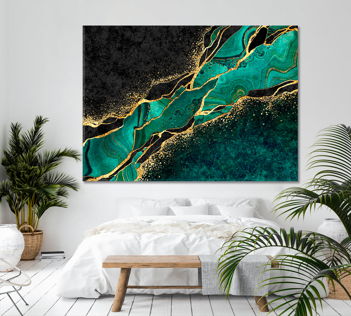 Green Malachite | Luxury Abstract Marble With Golden Veins Giclée Print Fluid Art, Oriental Marbling Canvas Print Artesty   