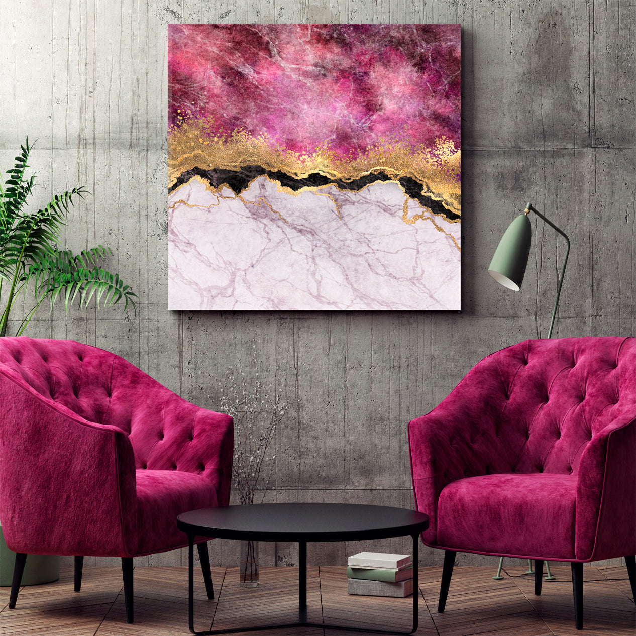 Purple Pink Fuchsia Marble Veins Stone Gold Foil Glitter Fluid Art, Oriental Marbling Canvas Print Artesty 1 Panel 12"x12" 