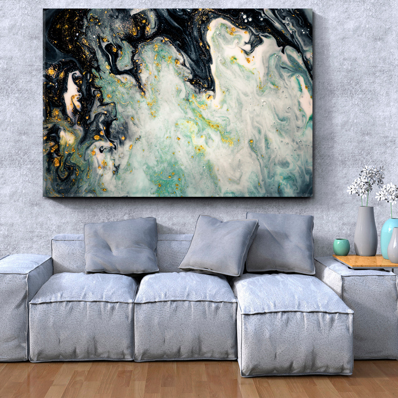 SWIRLS OF MARBLE Agat Ripples Grey Green Acrylic Mix Abstract Fluid Fluid Art, Oriental Marbling Canvas Print Artesty   