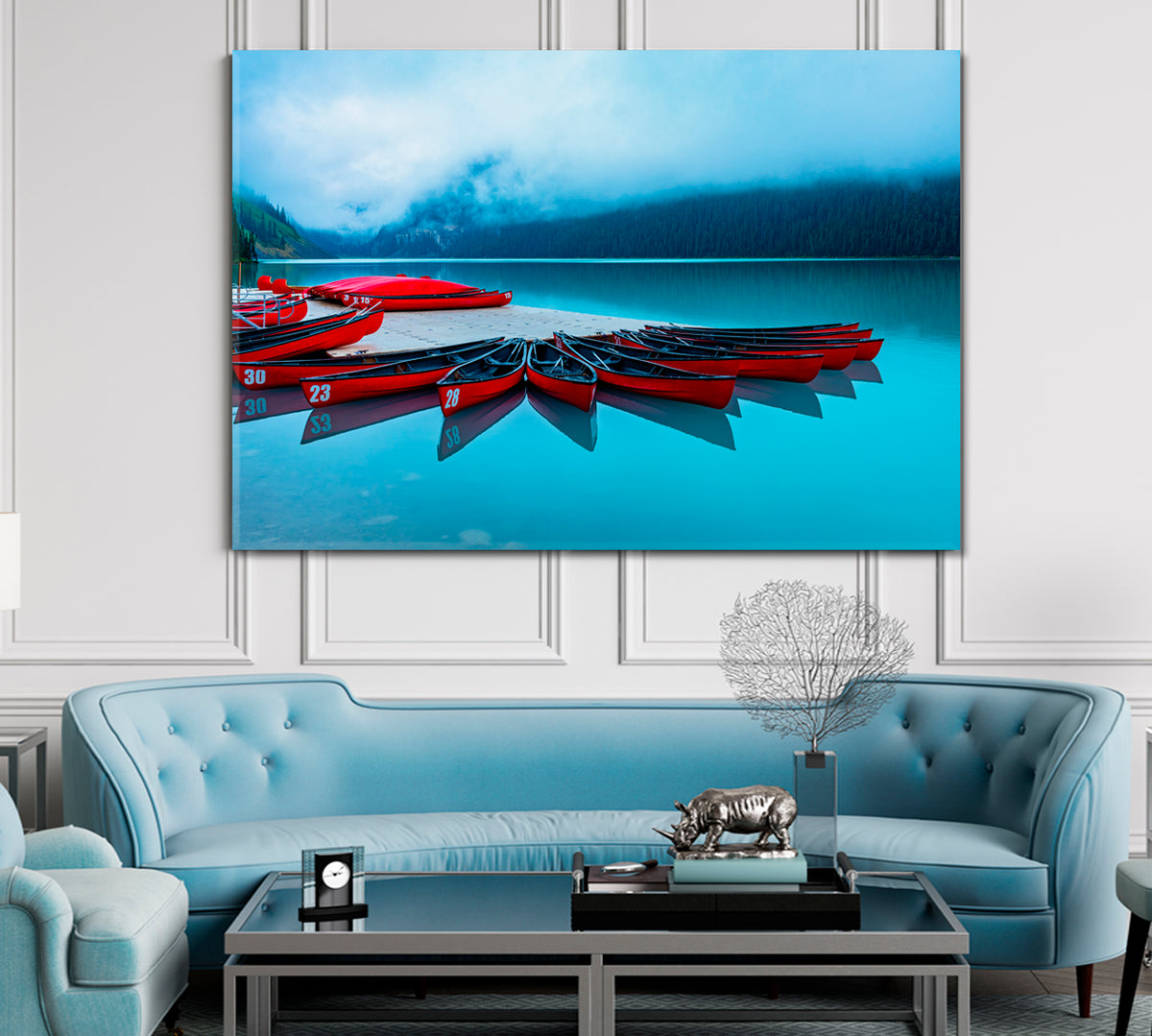 Red Canoes Turquoise Crystal Water Alberta Canada Foggy Lake Louise Scenery Landscape Fine Art Print Artesty 1 panel 24" x 16" 