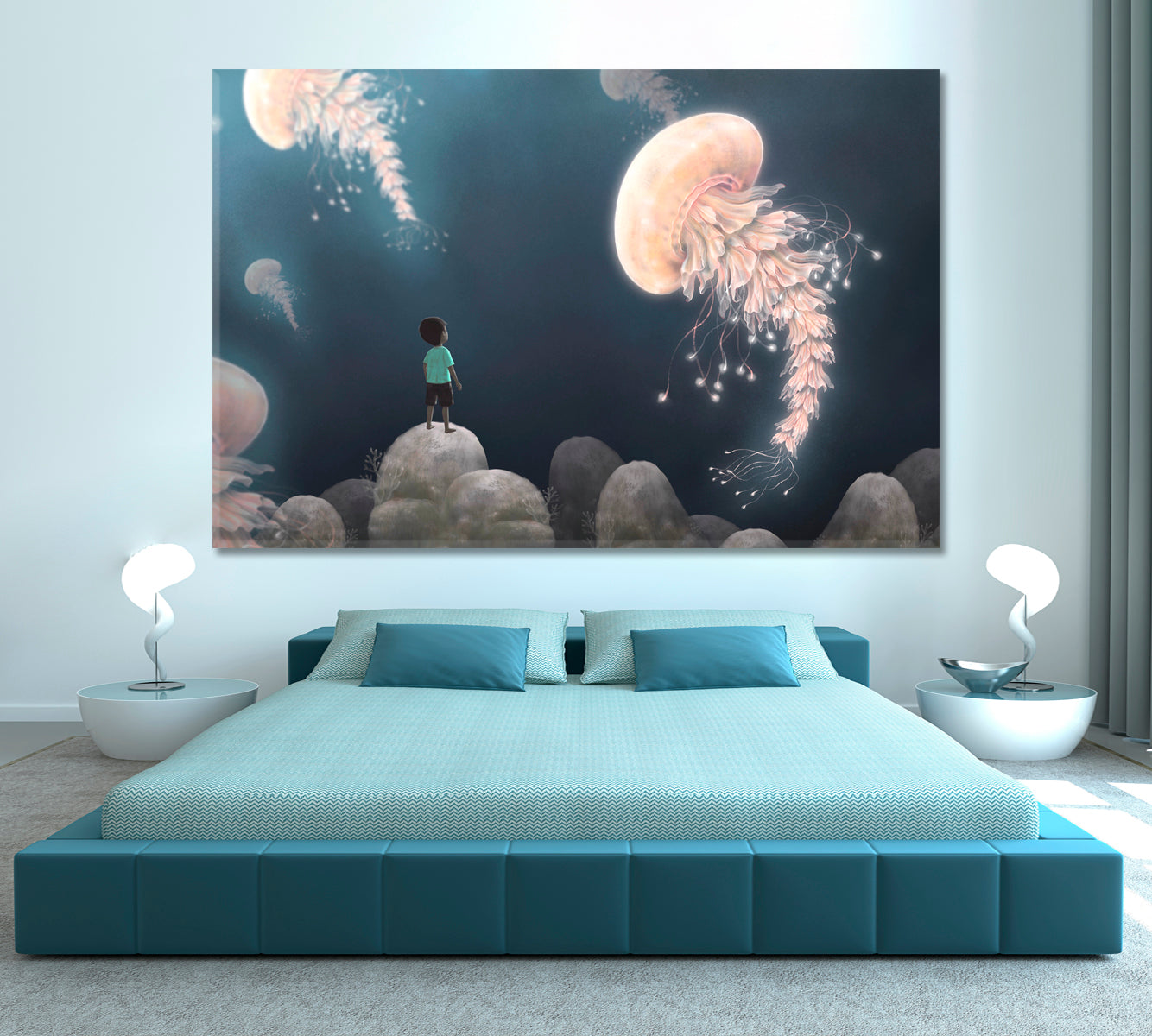 Fantasy Landscape Boy Giant Jellyfish Imaginary Surreal Painting Surreal Fantasy Large Art Print Décor Artesty   