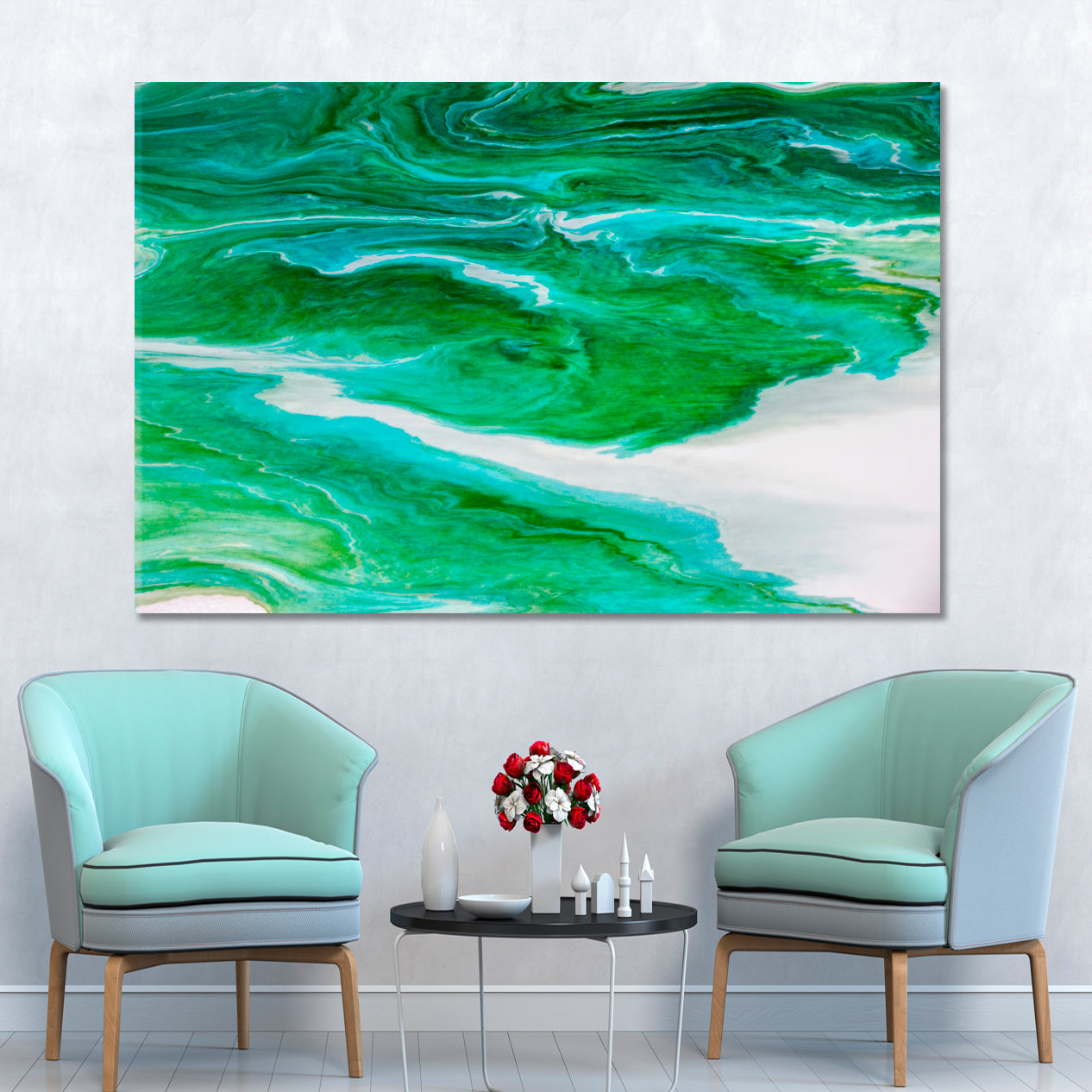 Marble Effect Abstract Green Fluid Acrylic Pattern Fluid Art, Oriental Marbling Canvas Print Artesty   