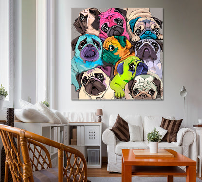 Funny Pugs Dogs Bright Colors Pop Art Whimsical Animal Canvas Print - Square Panel Animals Canvas Print Artesty   