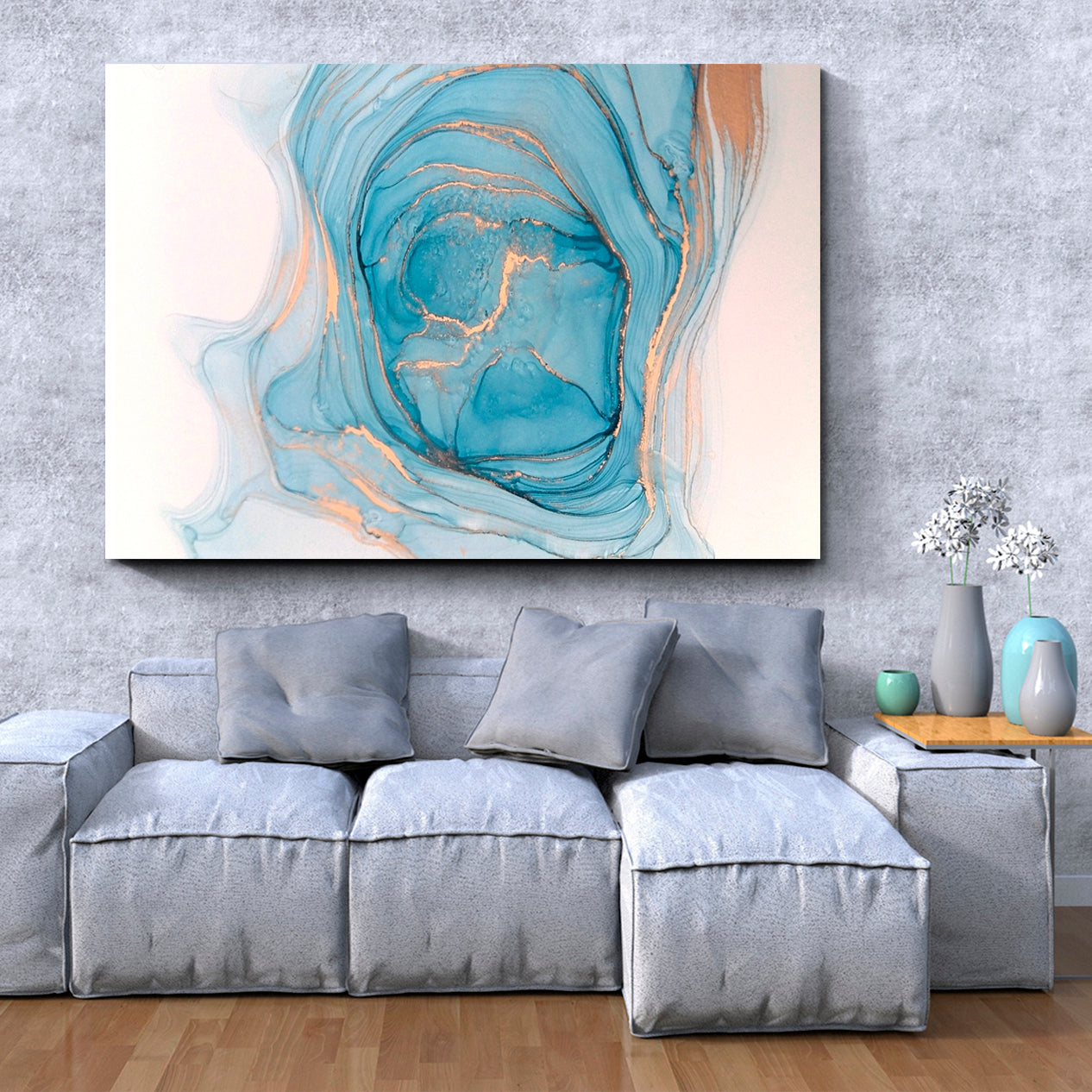 SPRING LAKE Soft Blue Cerulean Marble Abstract Fluid Ink Pattern Fluid Art, Oriental Marbling Canvas Print Artesty   