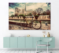 Retro Bicycle Notre Dame Old Cathedral Paris France Seine River Cities Wall Art Artesty 1 panel 24" x 16" 