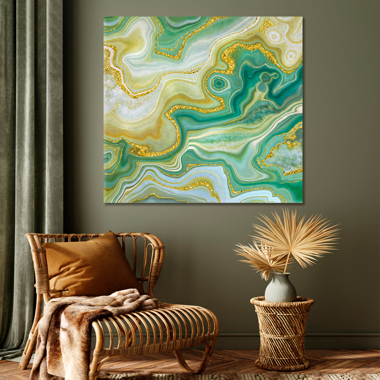 GREENERY Abstract Swirls of Marble Yellow-green Shade Fluid Art, Oriental Marbling Canvas Print Artesty   