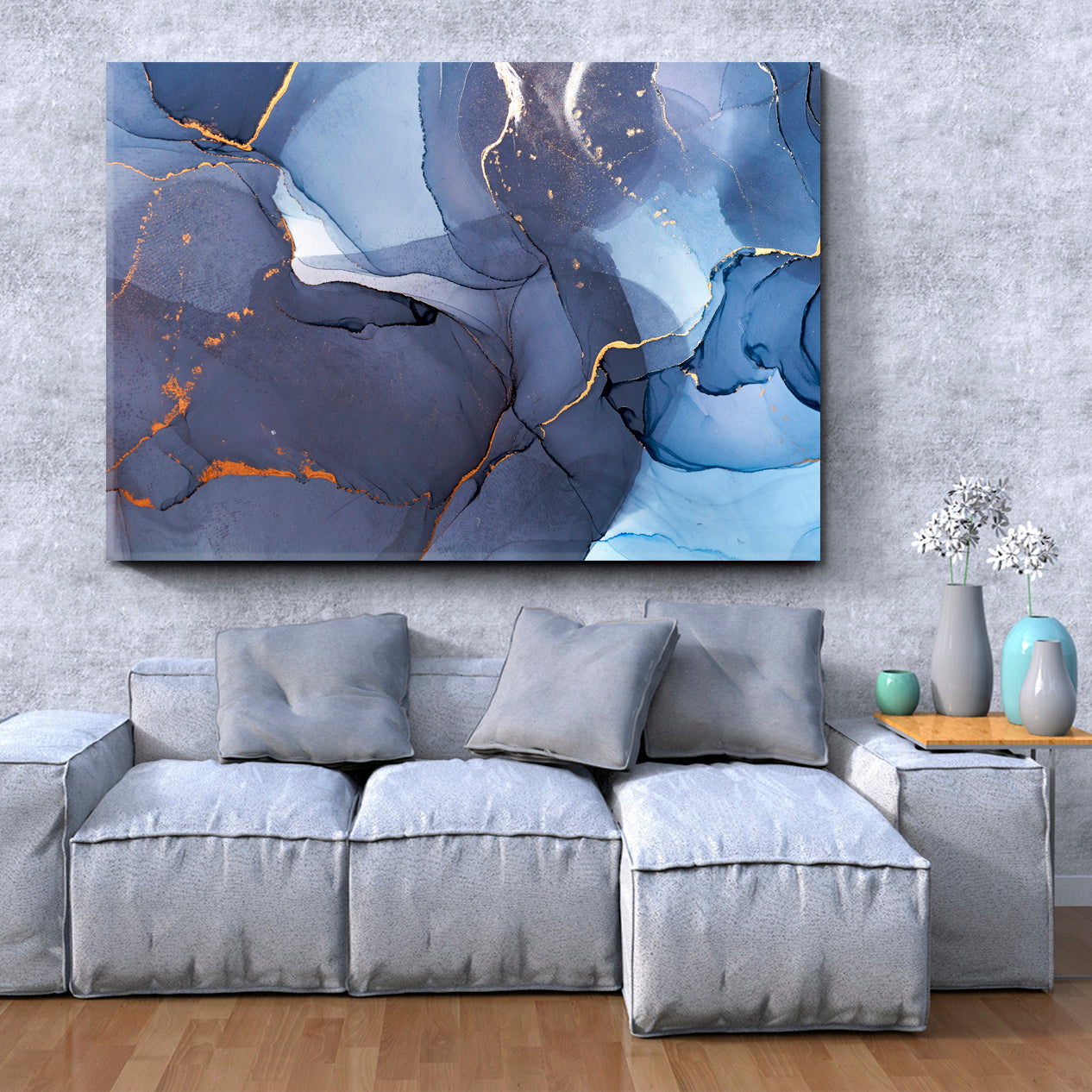 Abstract Blue Modern Marble Ink Fluid Art, Oriental Marbling Canvas Print Artesty   