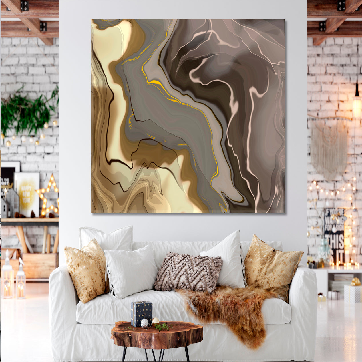 Abstract Grey Brown Beige Fluid Art, Oriental Marbling Canvas Print Artesty 1 Panel 12"x12" 