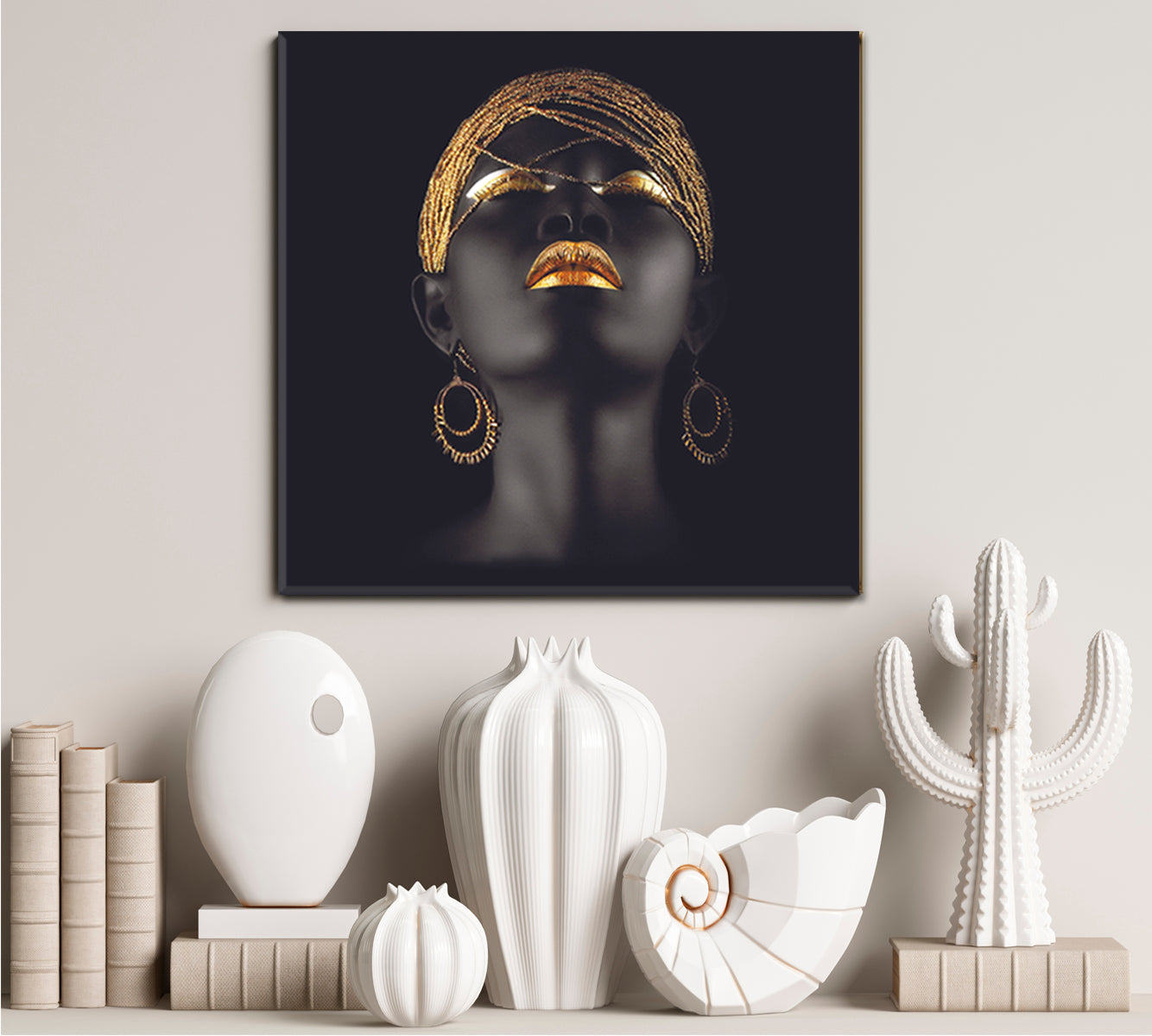 BEAUTIFUL Black and Gold African Woman Fantastic Make Up Face | Square Fashion Canvas Print Artesty   