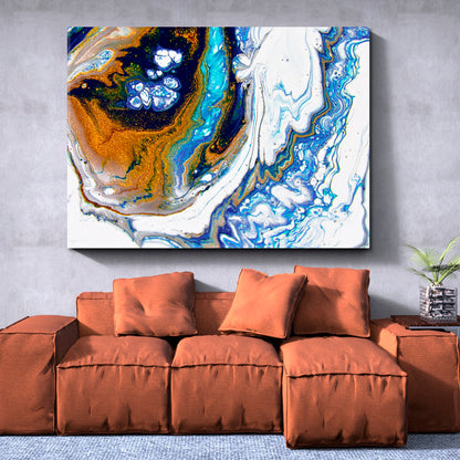 Abstract Gold Dark Blue Mixed Acrylic Marble Contemporary Fluid Art, Oriental Marbling Canvas Print Artesty   