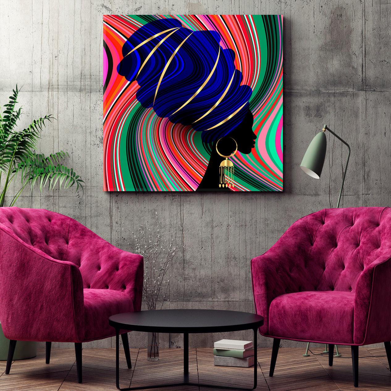 Trendy Twisted Lines Bright Indigo Fuchsia Mint Color Mix African Woman African Style Canvas Print Artesty   