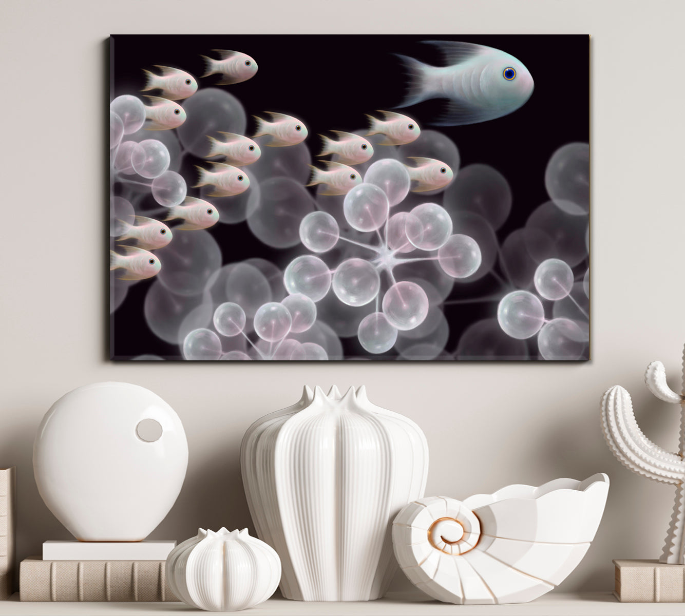 INNER UNIVERSE Live Organism Molecules And Schooling Fish Abstract Fantasy Nautical, Sea Life Pattern Art Artesty   