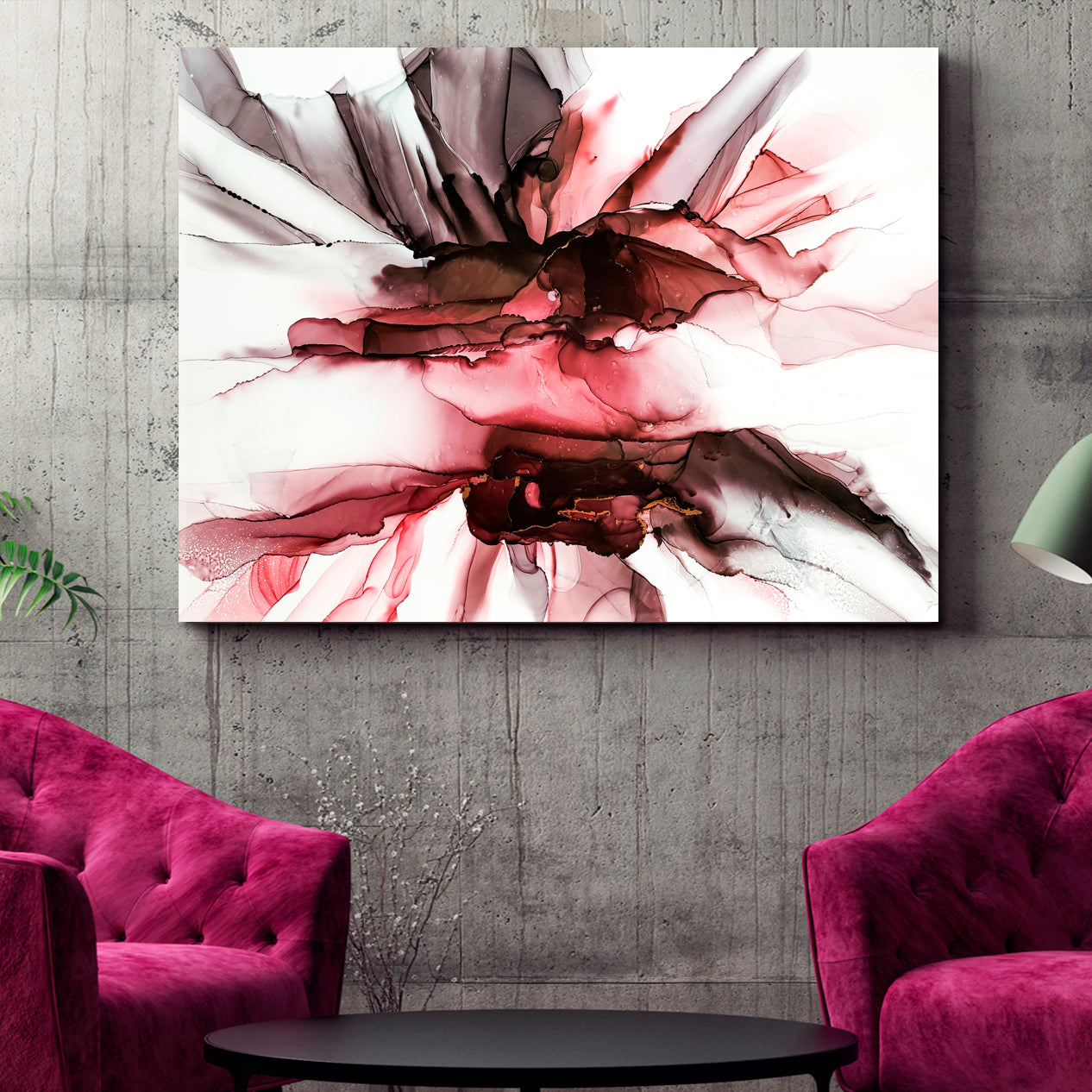 MAROON TONES Modern Colorful Splash Marble Alcohol Ink Pattern Fluid Art, Oriental Marbling Canvas Print Artesty   