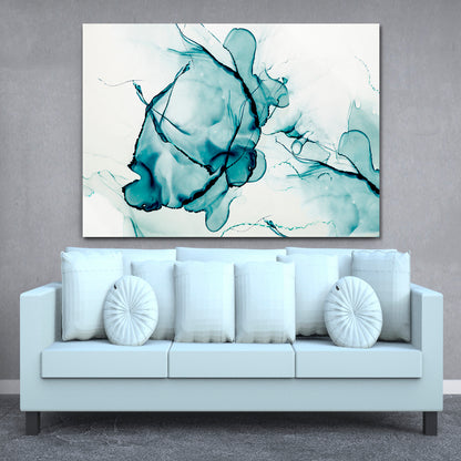 Turquoise Marble Transparent Creative Abstract Trendy Ink Colors Fluid Art, Oriental Marbling Canvas Print Artesty   