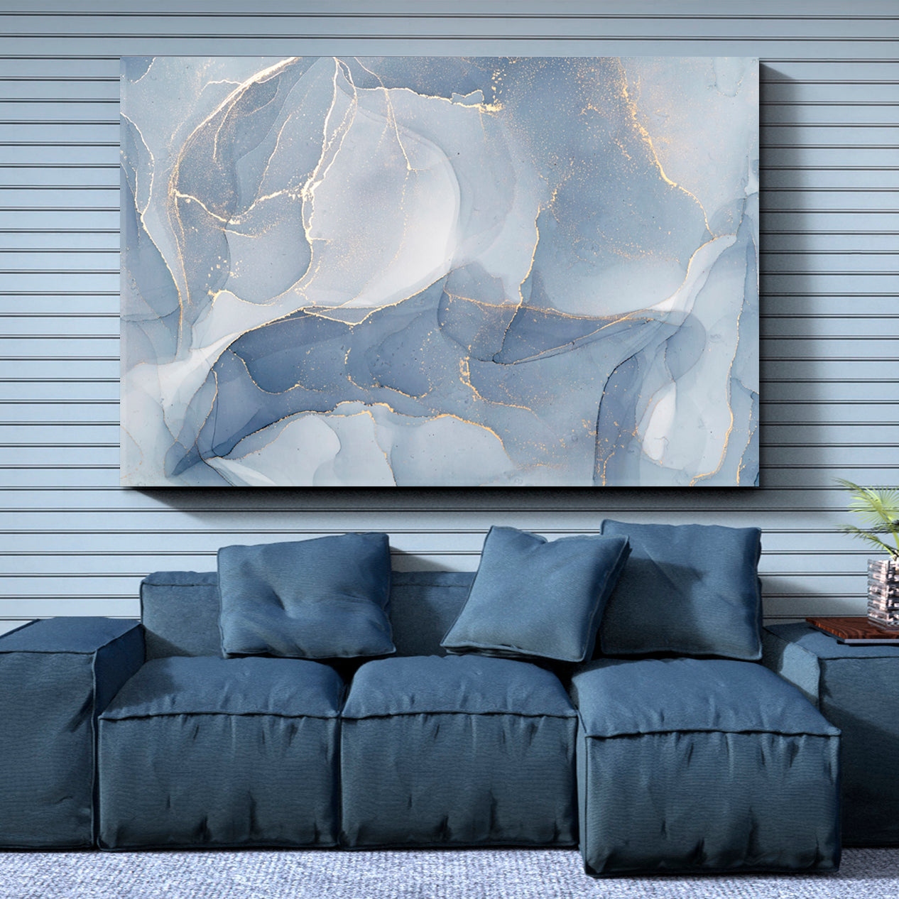 SOFT BLUE Modern Marble Alcohol Ink Tender Veins Abstract Design Fluid Art, Oriental Marbling Canvas Print Artesty   