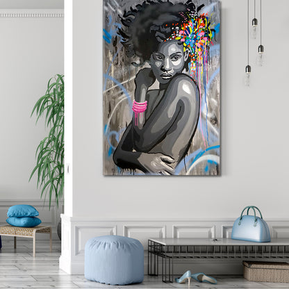 HAIRSTYLE African Beautiful Women Abstract Drip Art Graffiti Style - Vertical Contemporary Art Artesty   