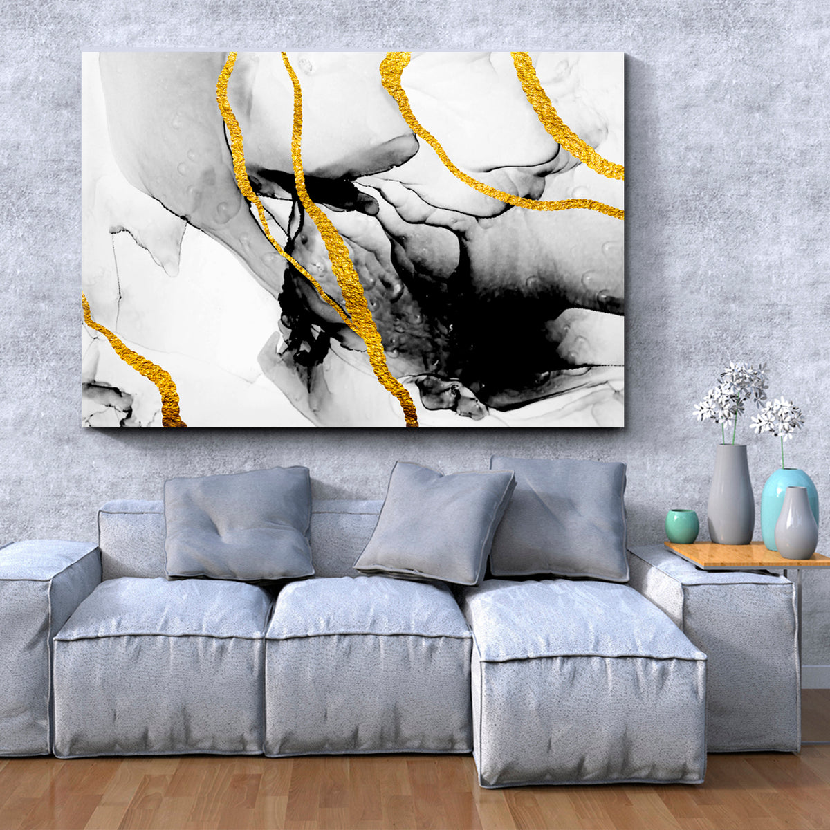 ABSTRACT CLOUDS ART & INK Black White Gold Marble Fluid Art, Oriental Marbling Canvas Print Artesty 1 panel 24" x 16" 