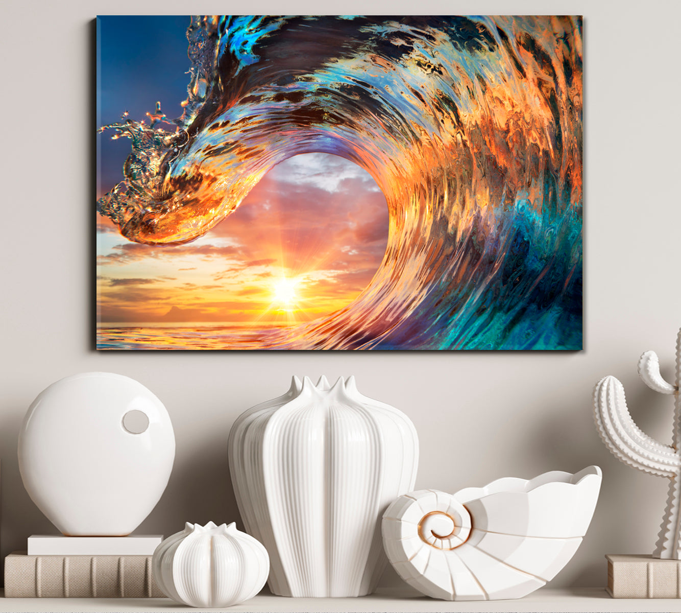 Colorful Ocean Wave Seawater Sunset Light Beautiful Clouds Nautical, Sea Life Pattern Art Artesty   