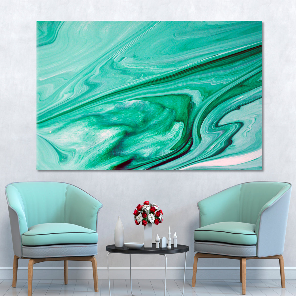 Abstract Colorful Green Stains Marble Ink Fluid Art, Oriental Marbling Canvas Print Artesty 1 panel 24" x 16" 