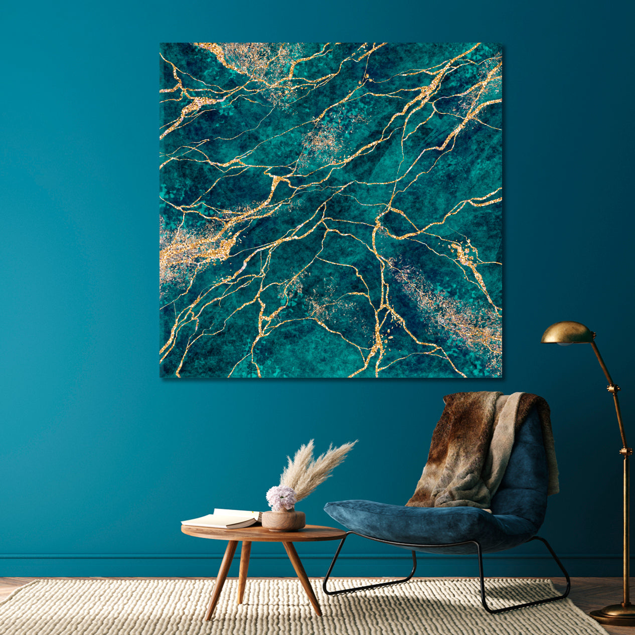 TIDEWATER TEAL BLUE GREEN Abstract Marble Malachite Veins Fluid Art, Oriental Marbling Canvas Print Artesty   