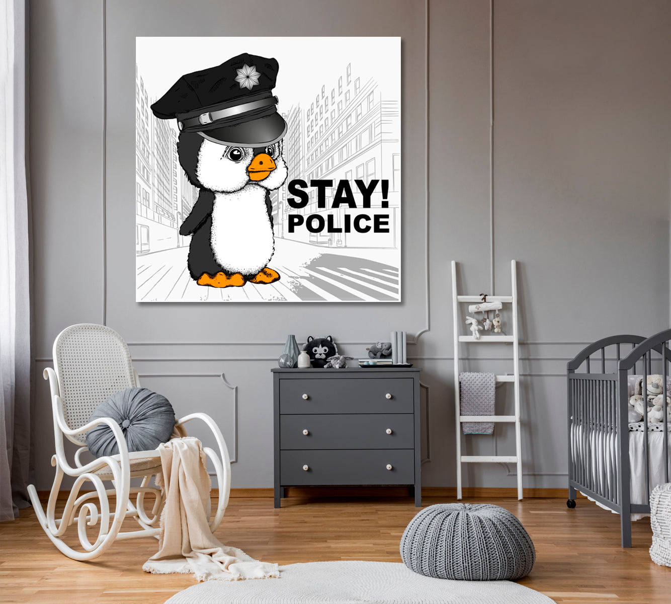 Cute Sweet Penguin Police Cap, Funny Whimsy Animals KIDS ROOM CONCEPT Canvas Print | Square Panel Kids Room Canvas Art Print Artesty   