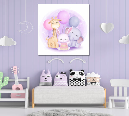 Cute Little Giraffe Rabbit and Elephant Sweet Kids Baby Nursery Art Print | Square Panel Kids Room Canvas Art Print Artesty   