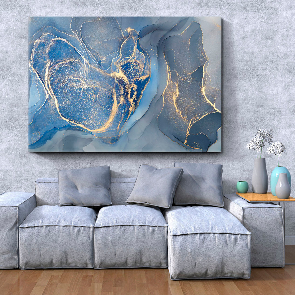Light Blue Abstract Colorful Modern Art Marble Ink Colors Fluid Art, Oriental Marbling Canvas Print Artesty 1 panel 24" x 16" 