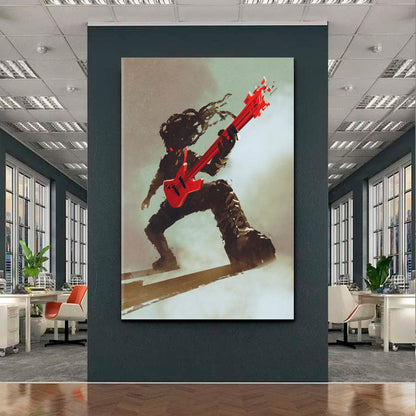 Rock & Roll Rocker Guitarist Playing Red Guitar, Music Canvas Print  - Vertical Music Wall Panels Artesty   