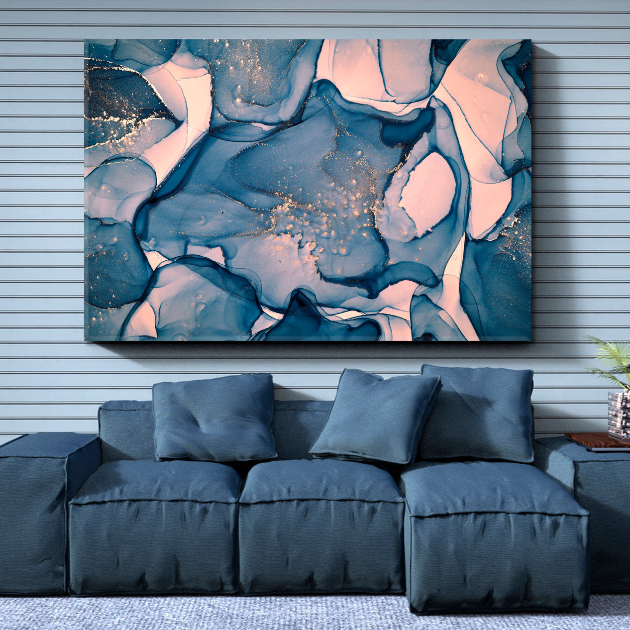 Oriental Marble Abstract Blue Fluid Art, Oriental Marbling Canvas Print Artesty   