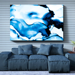 INK IN WATER Marble Abstract Clouds White Navy Blue Cold Colors Fluid Art, Oriental Marbling Canvas Print Artesty   