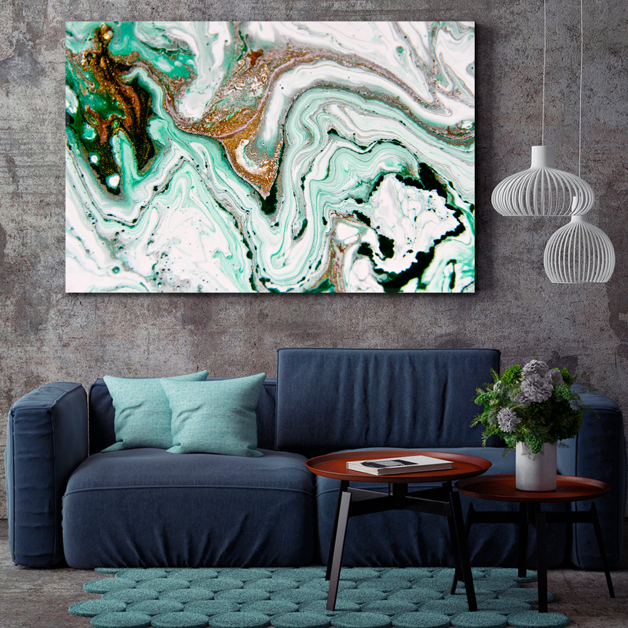 Contemporary Art Beautiful Abstract Emerald Marble Fluid Art, Oriental Marbling Canvas Print Artesty   