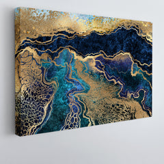 BLUE GOLD MARBLE Abstract Swirls Natural Luxury Style Fluid Art, Oriental Marbling Canvas Print Artesty 1 panel 24" x 16" 